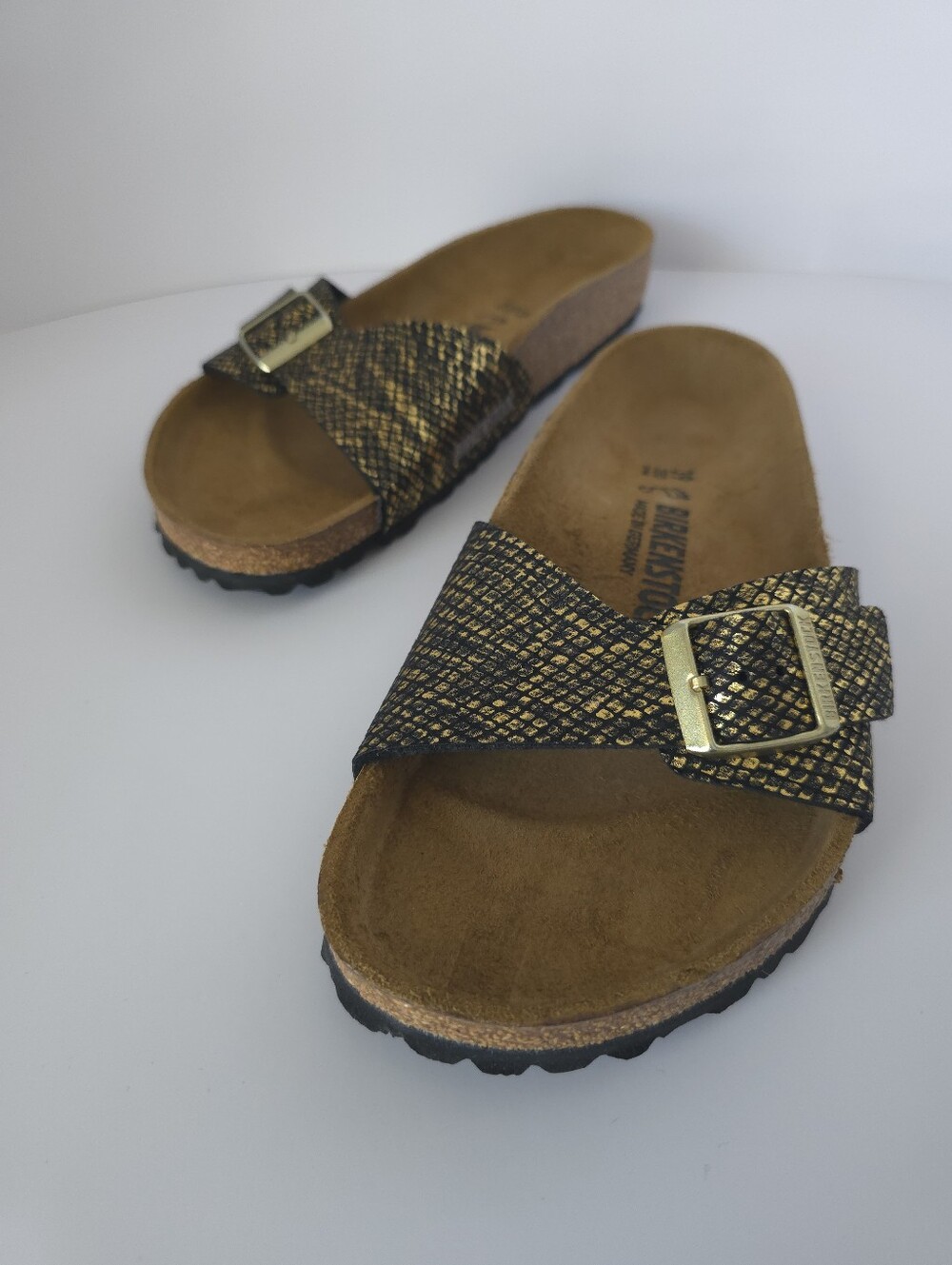 Birkenstock Metallic Gold and Black Python Single Strap Slides